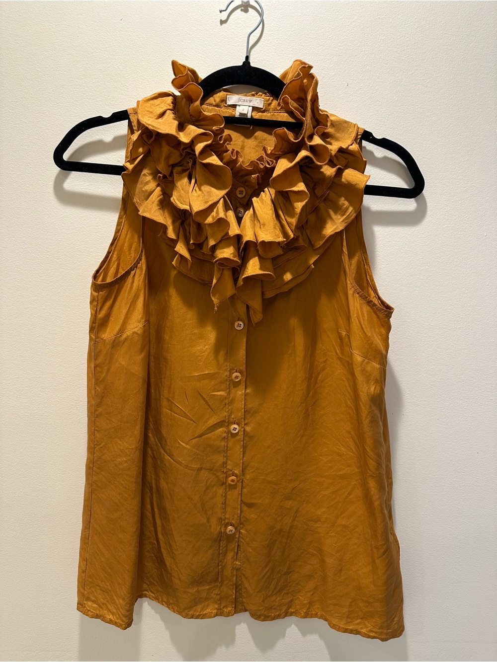 J. Crew Mustard Ruffle-Neck Sleeveless Button-Front Blouse